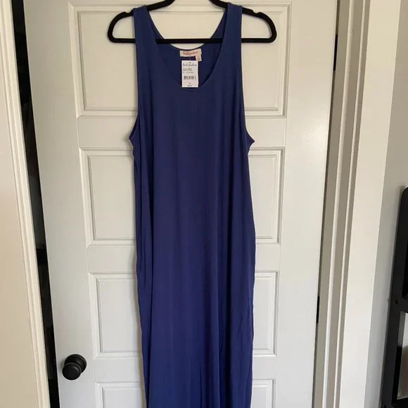 fresh produce maxi dress Fresh Produce Maxi Dress Smocked Sleeveless Knit SZ L Damask floral Blue MD USA